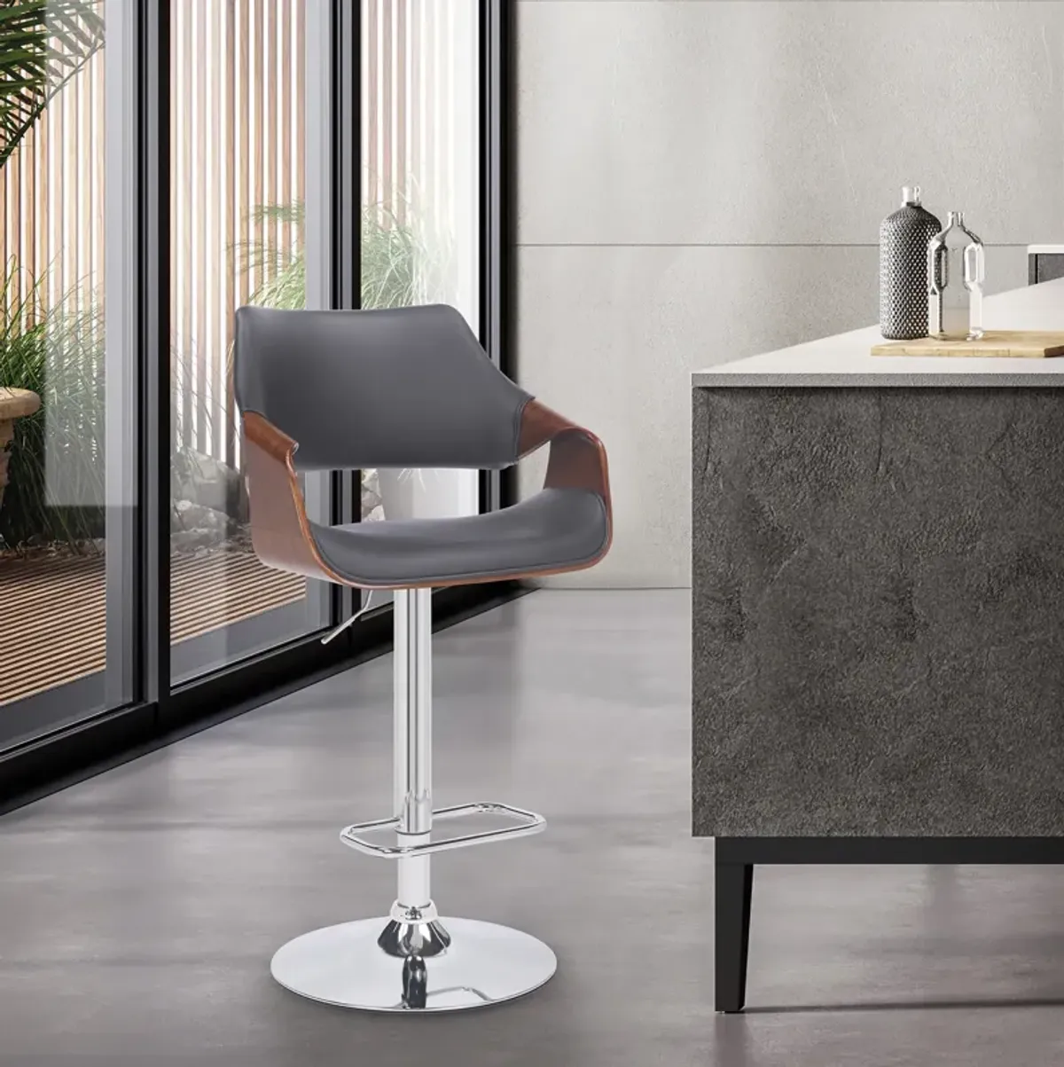 Aspen Adjustable Swivel Grey Faux Leather and Walnut Wood Bar Stool with Chrome Base