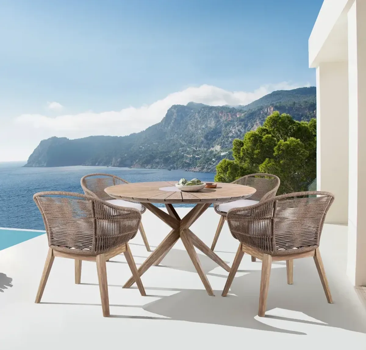 Oasis Tutti Frutti Outdoor Patio 5 Piece Round Dining Set in Eucalyptus Wood with Truffle Rope and Gray Cushions