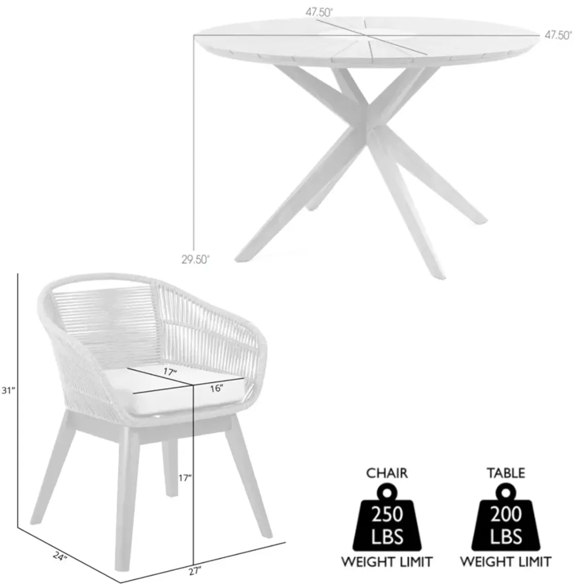 Oasis Tutti Frutti Outdoor Patio 5 Piece Round Dining Set in Eucalyptus Wood with Truffle Rope and Gray Cushions