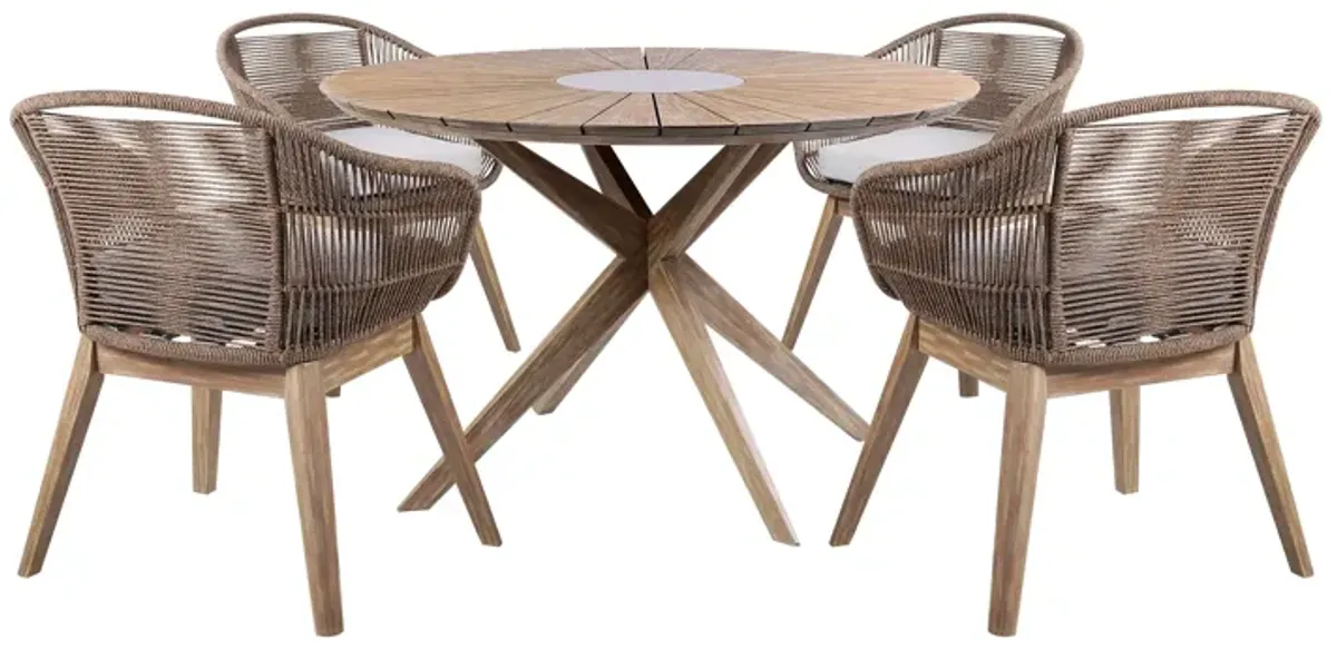 Oasis Tutti Frutti Outdoor Patio 5 Piece Round Dining Set in Eucalyptus Wood with Truffle Rope and Gray Cushions