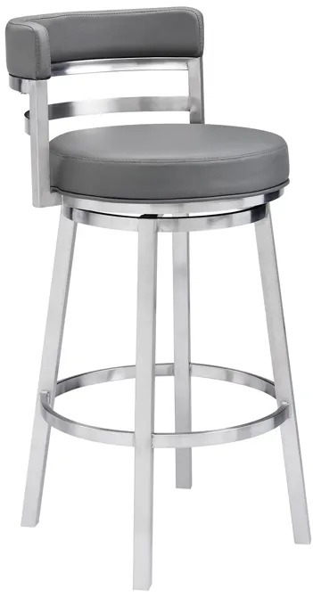 Madrid 26" Counter Height Swivel Grey Faux Leather and Brushed Stainless Steel Bar Stool