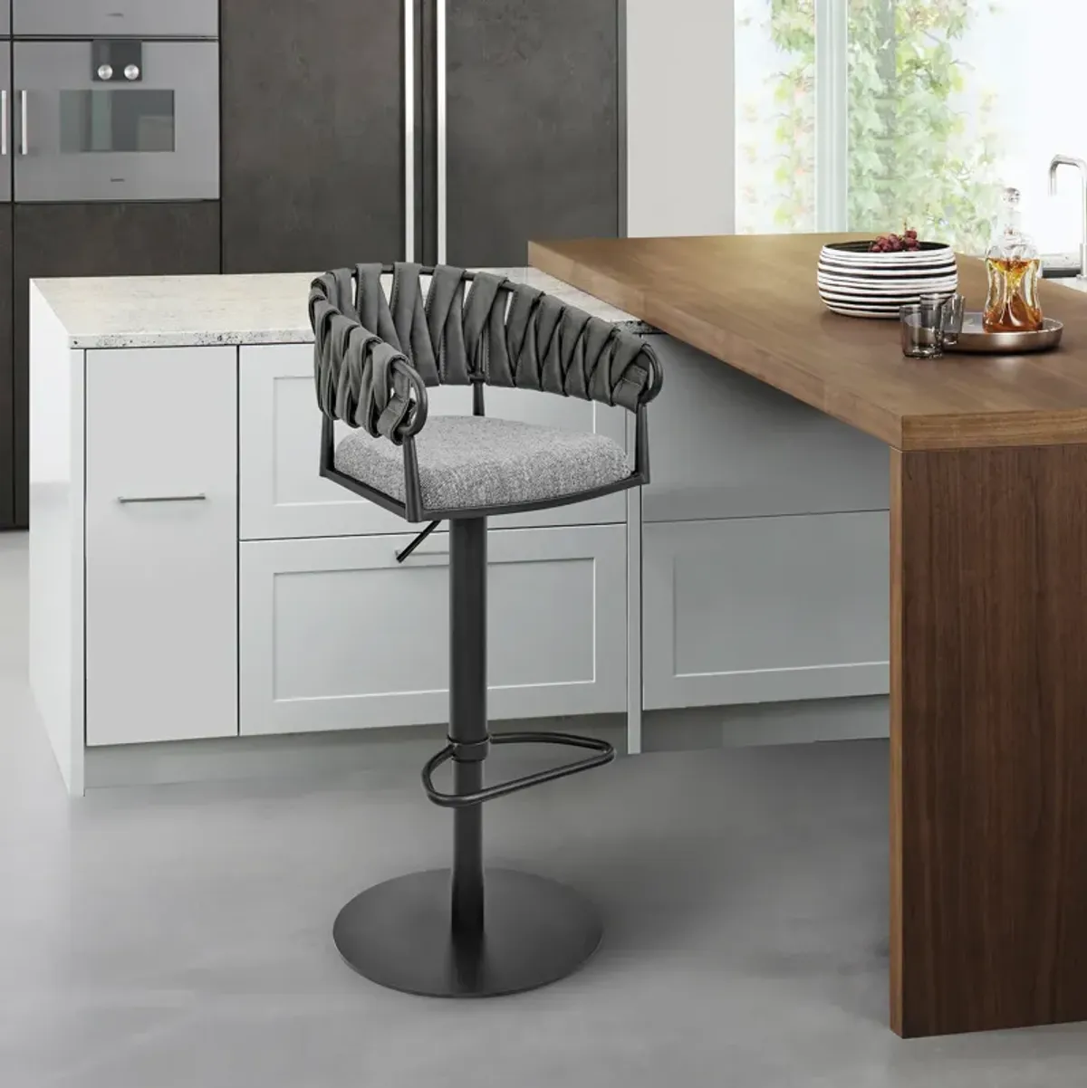 Silabe Adjustable Counter or Bar Stool in Black Metal with Gray Fabric and Faux Leather