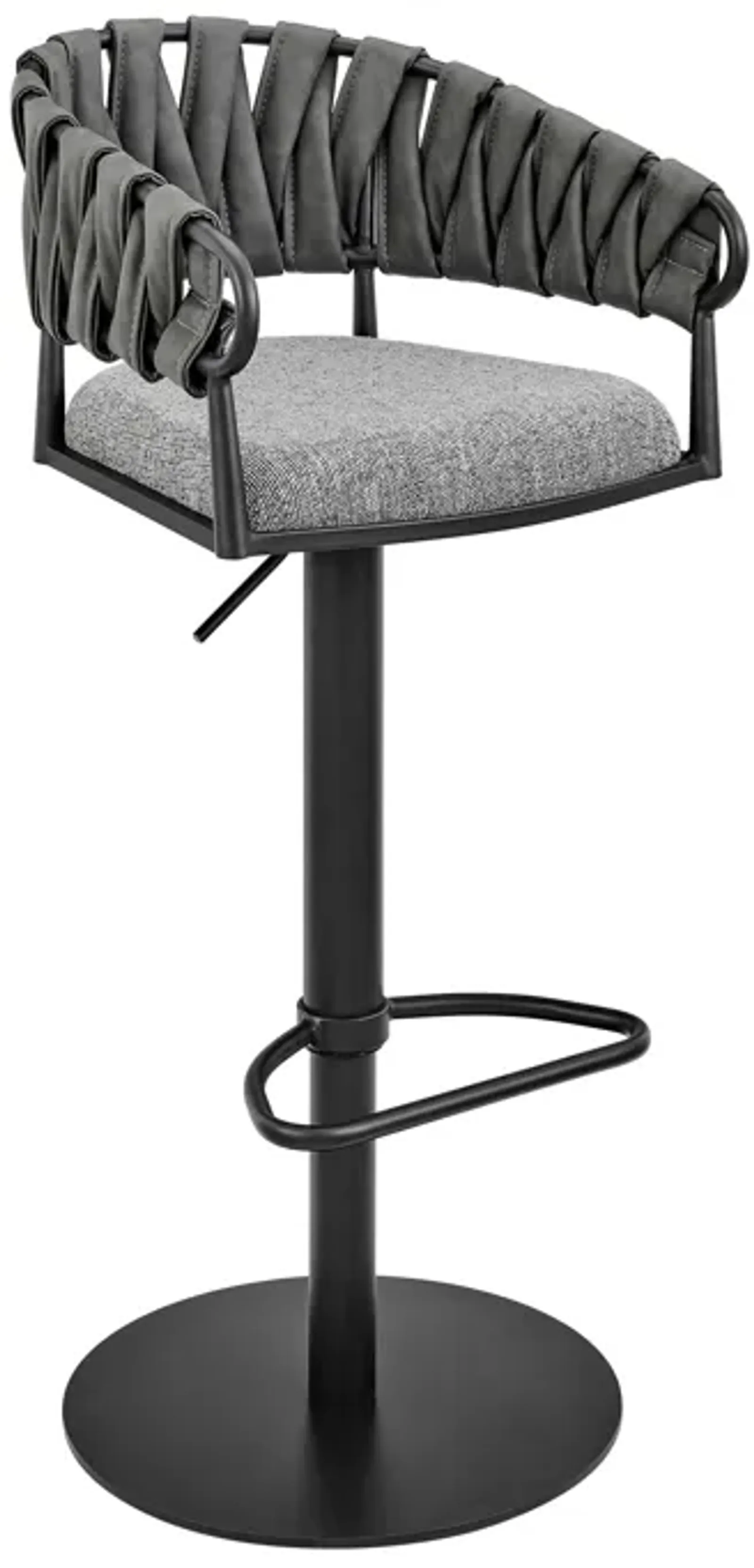 Silabe Adjustable Counter or Bar Stool in Black Metal with Gray Fabric and Faux Leather