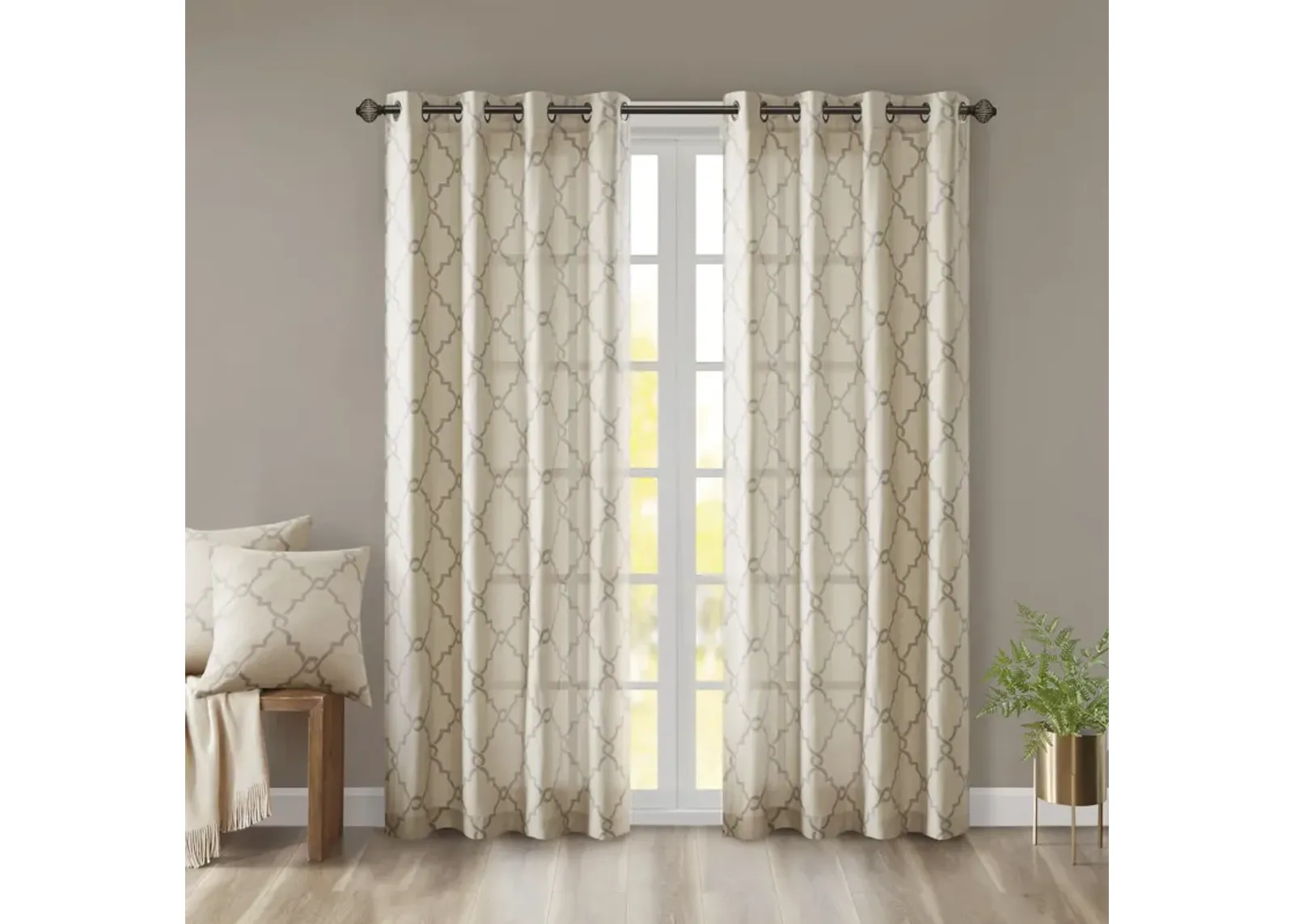 Madison Park Saratoga Beige/Grey Fretwork Print Grommet Top Window Curtain Panel