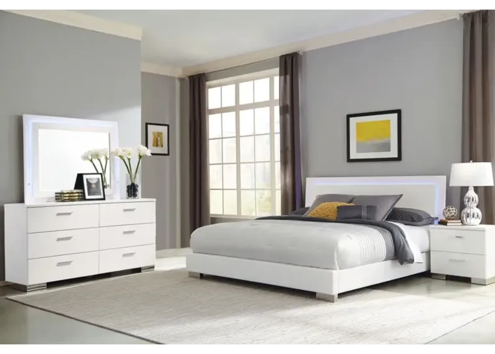 Felicity 4-piece California King Bedroom Set with LED Headboard and Mirror Glossy White