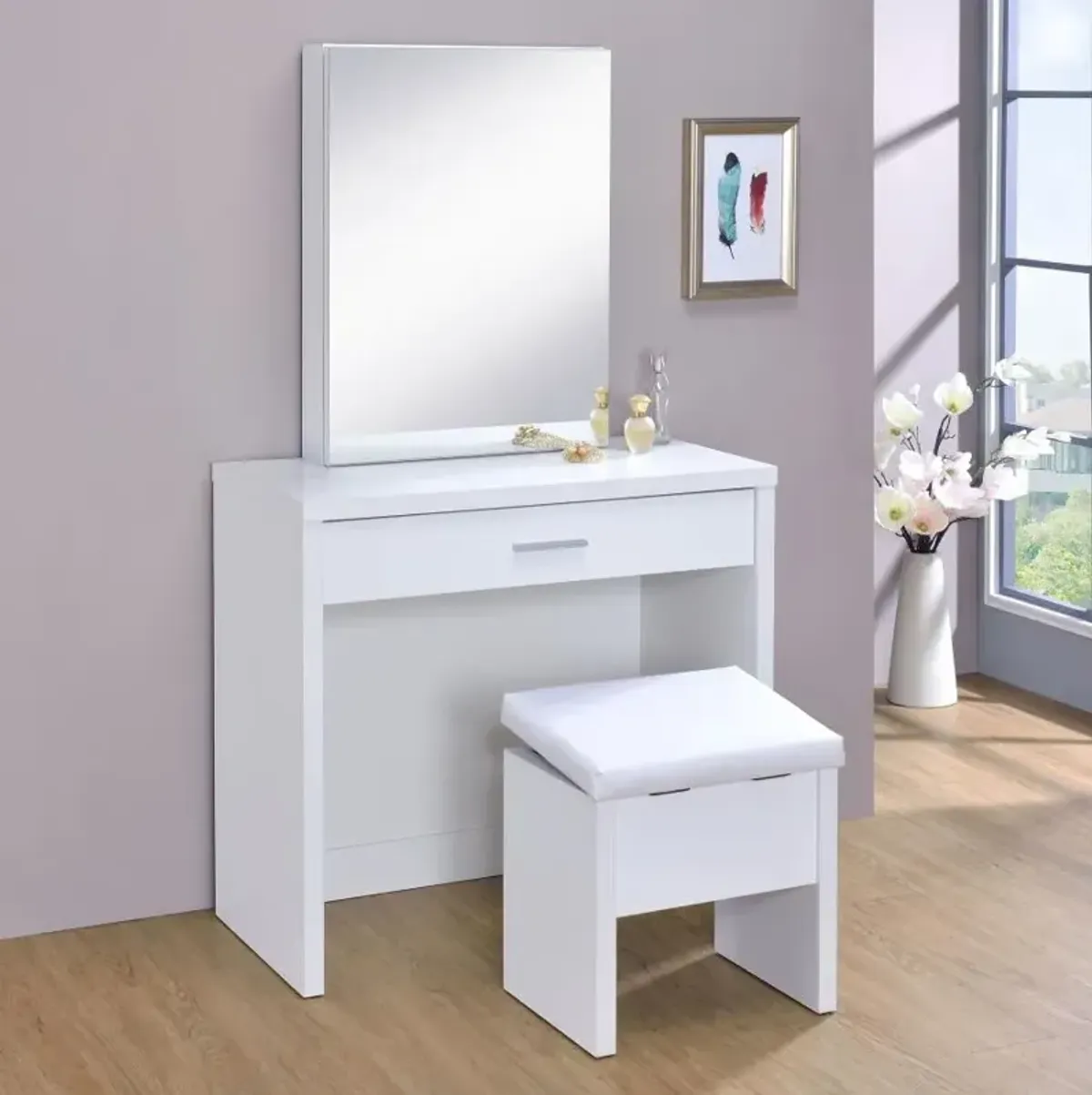 Karly 2-Piece Vanity Set with Lift-Top Stool White