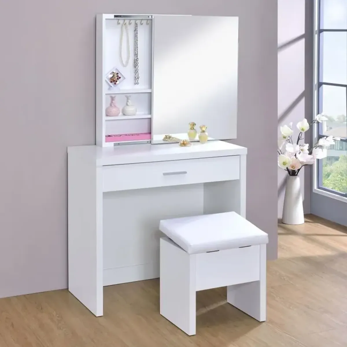 Karly 2-Piece Vanity Set with Lift-Top Stool White