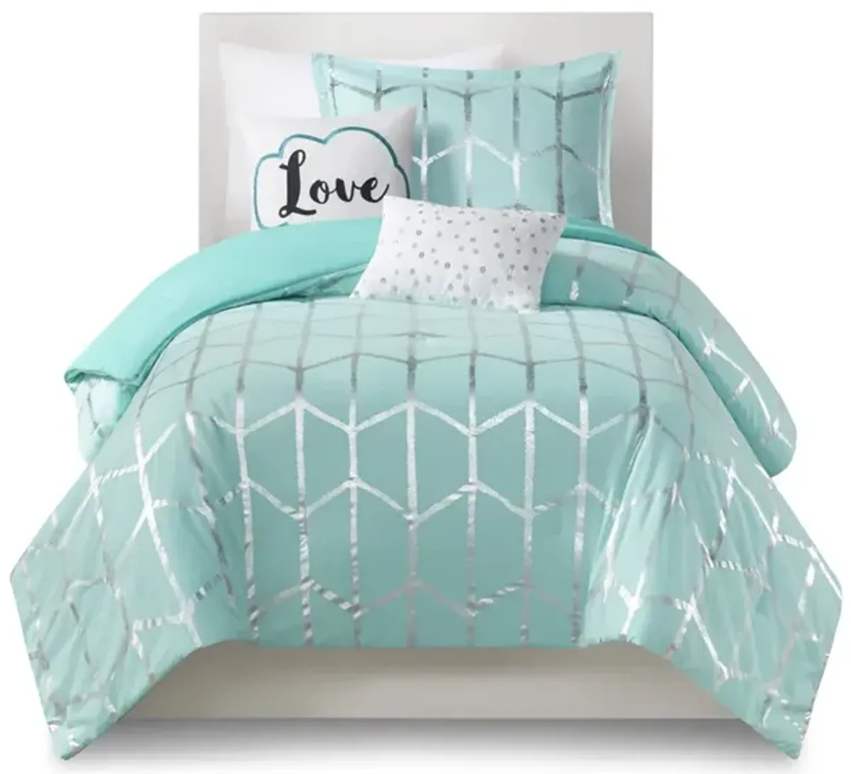 Intelligent Design Raina Aqua/Silver Metallic Printed Comforter Set