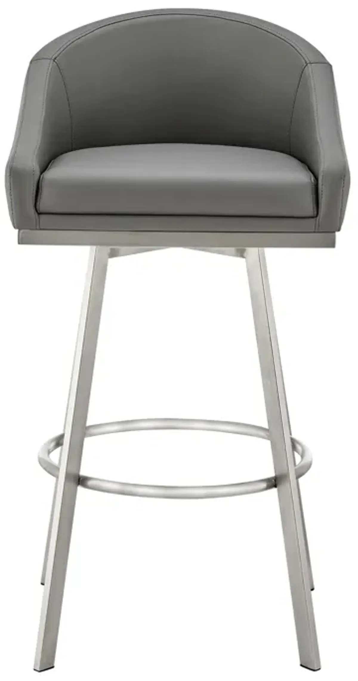 Noran Swivel Bar Stool in Brushed Stainless Steel with Gray Faux Leather