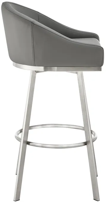 Noran Swivel Bar Stool in Brushed Stainless Steel with Gray Faux Leather