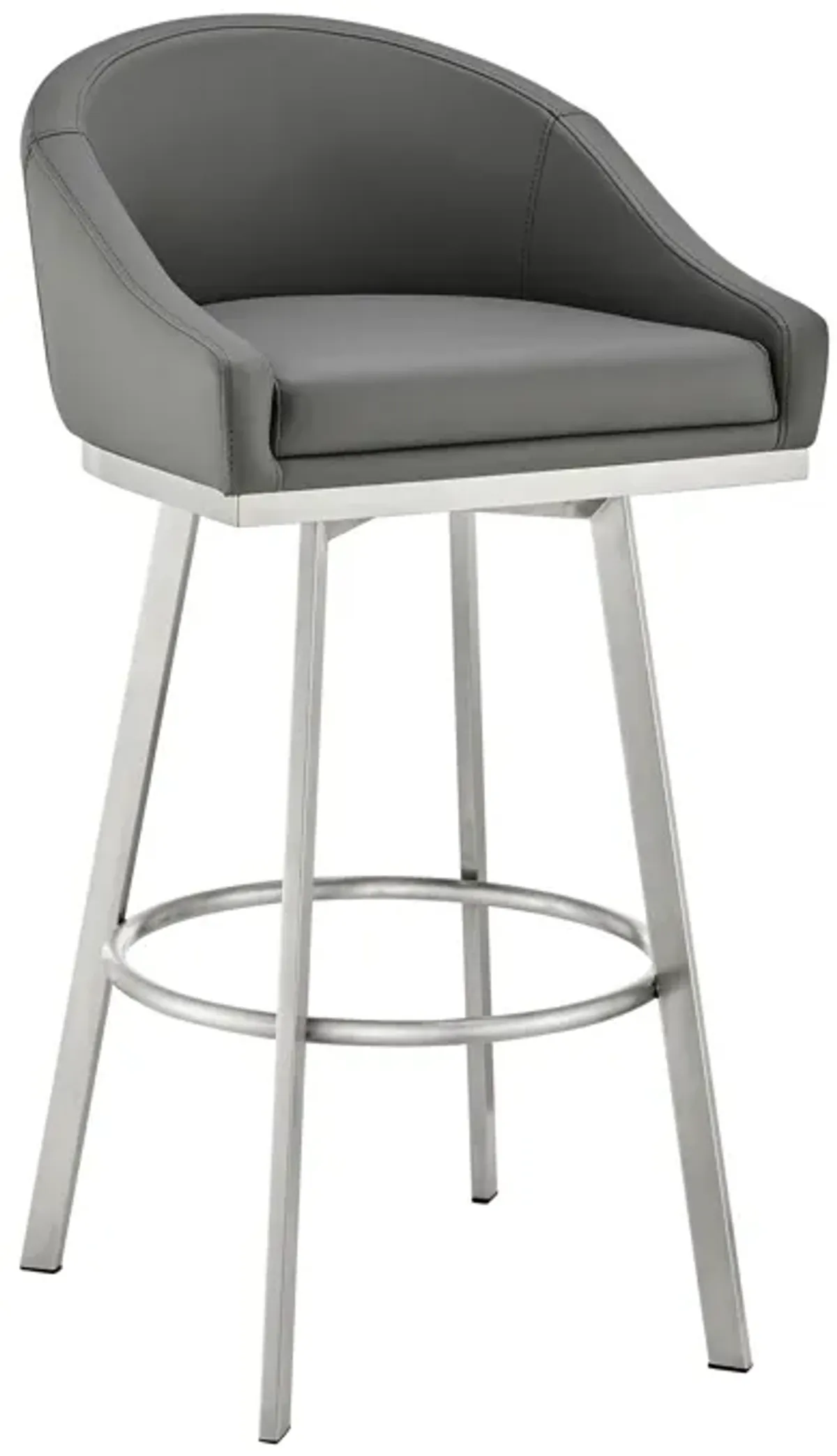 Noran Swivel Bar Stool in Brushed Stainless Steel with Gray Faux Leather