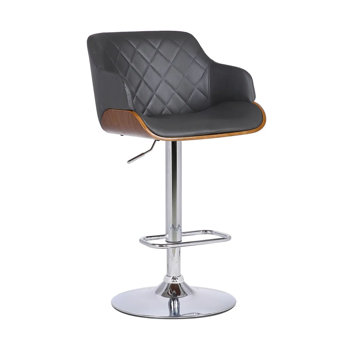 Toby Grey Faux Leather Adjustable Height Swivel Walnut Wood and Chrome Bar Stool