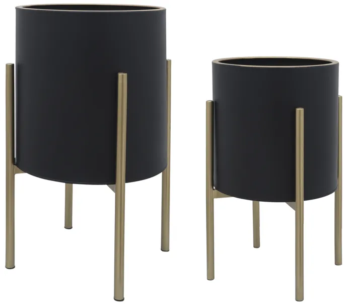 S/2 Planter On Metal Stand, Black/gld