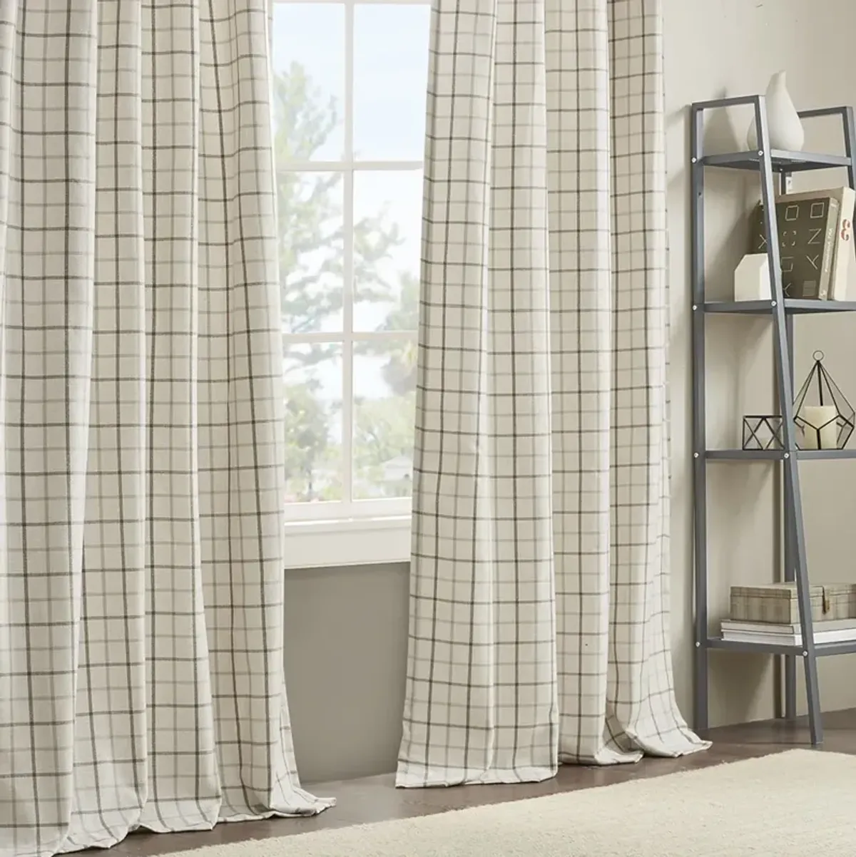 Madison Park Anaheim Natural Plaid Rod Pocket and Back Tab Curtain Panel with Fleece Lining