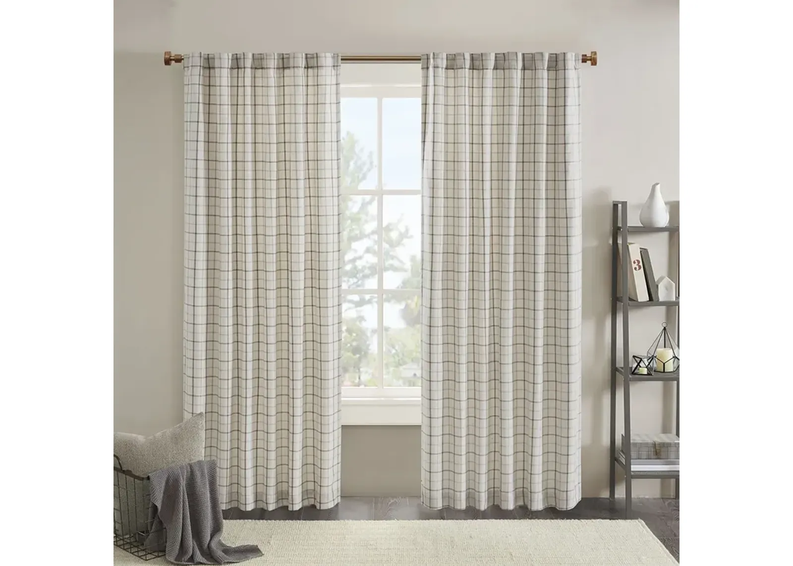 Madison Park Anaheim Natural Plaid Rod Pocket and Back Tab Curtain Panel with Fleece Lining