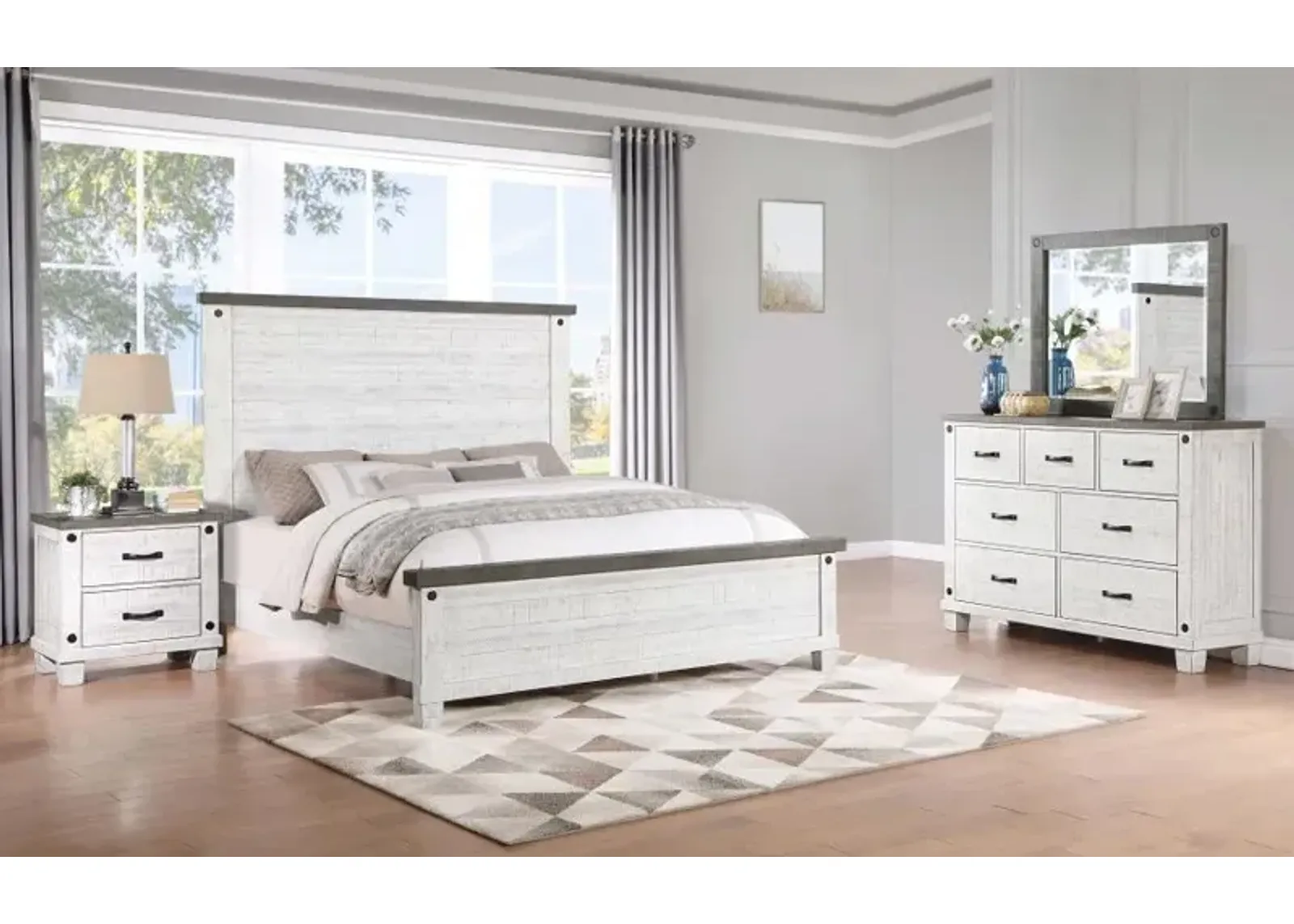 Lilith 4-piece Eastern King Bedroom Set Distressed Grey and White