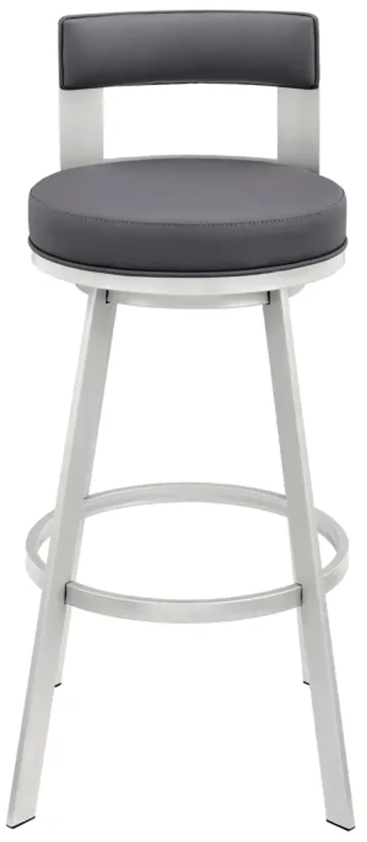 Lynof Swivel Counter Stool in Silver Metal with Gray Faux Leather