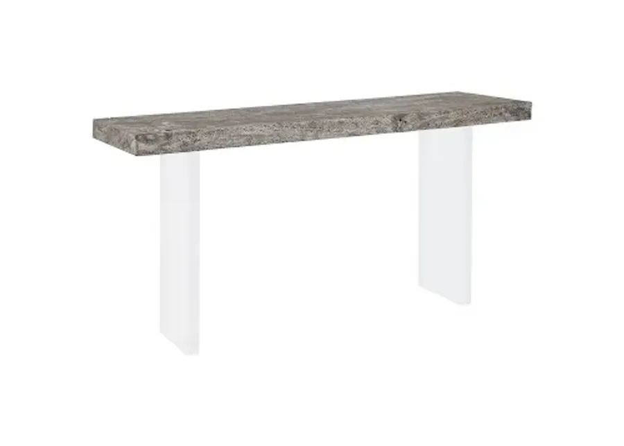 floating console table, gray stone finish, acrylic legs