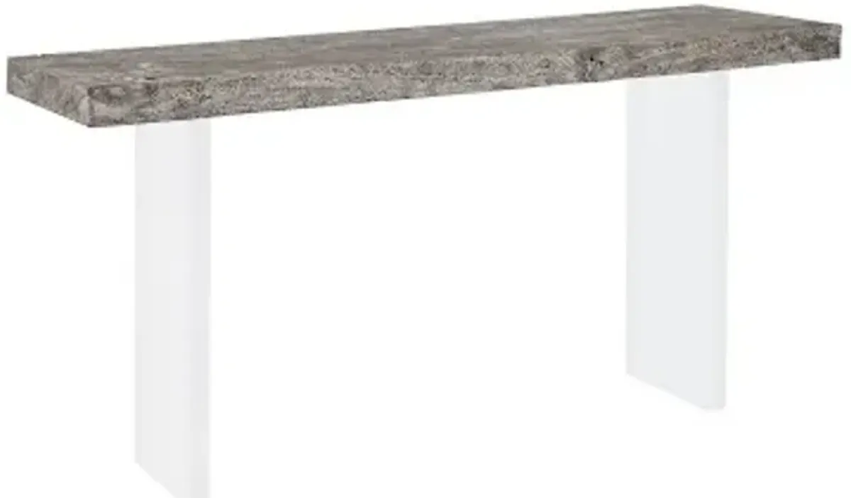 floating console table, gray stone finish, acrylic legs