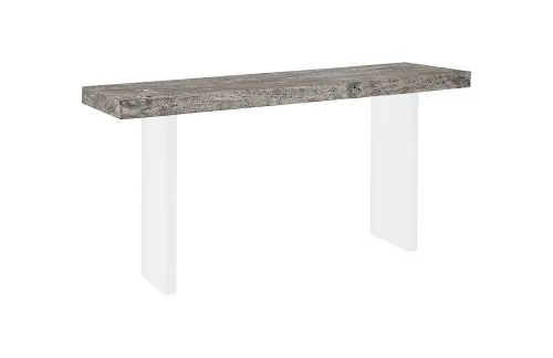 floating console table, gray stone finish, acrylic legs