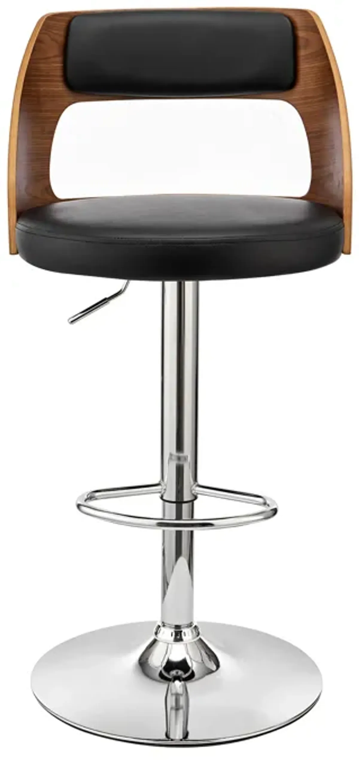 Paulo Adjustable Swivel Black Faux Leather and Walnut Wood Bar Stool with Chrome Base