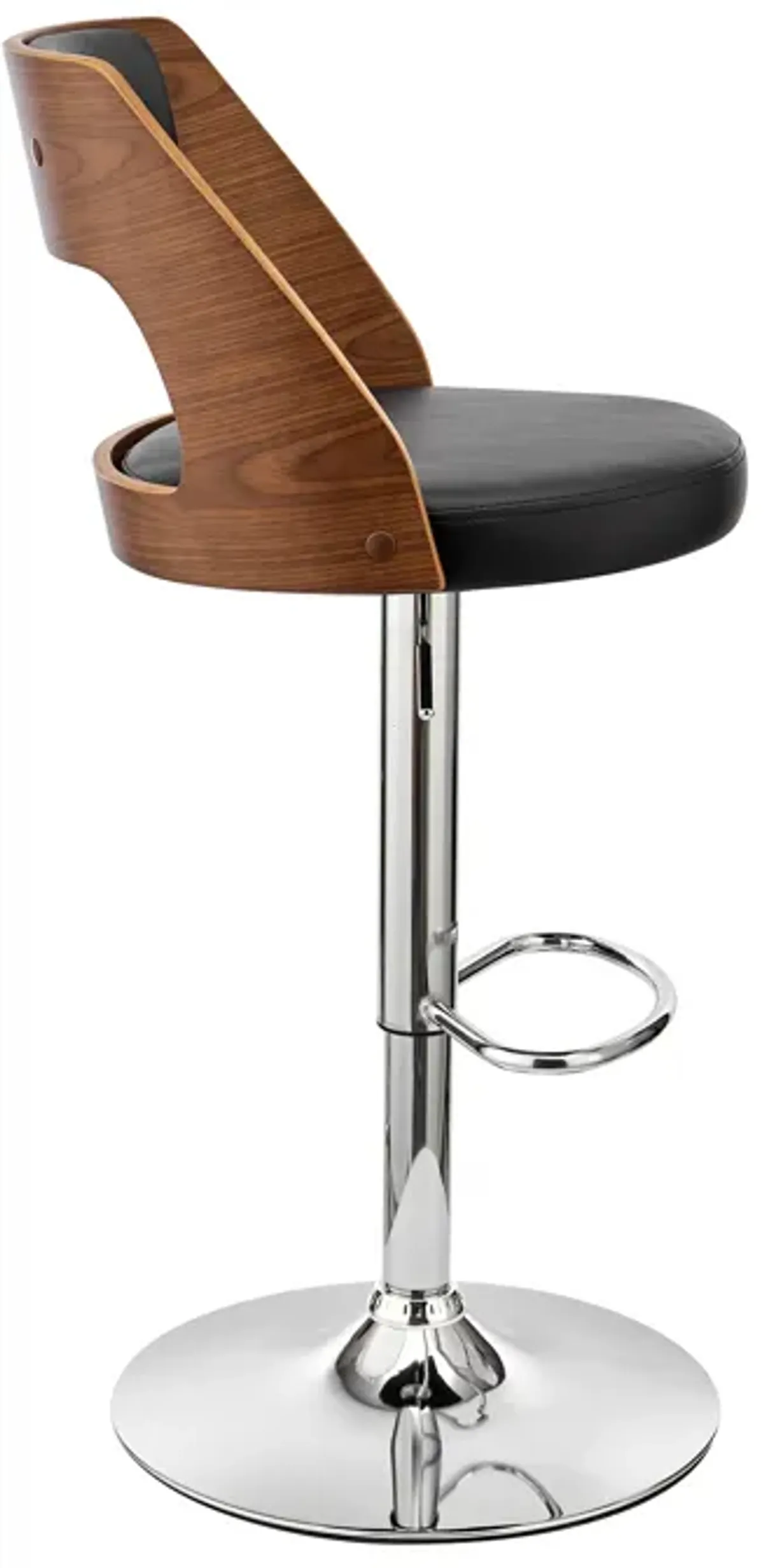 Paulo Adjustable Swivel Black Faux Leather and Walnut Wood Bar Stool with Chrome Base