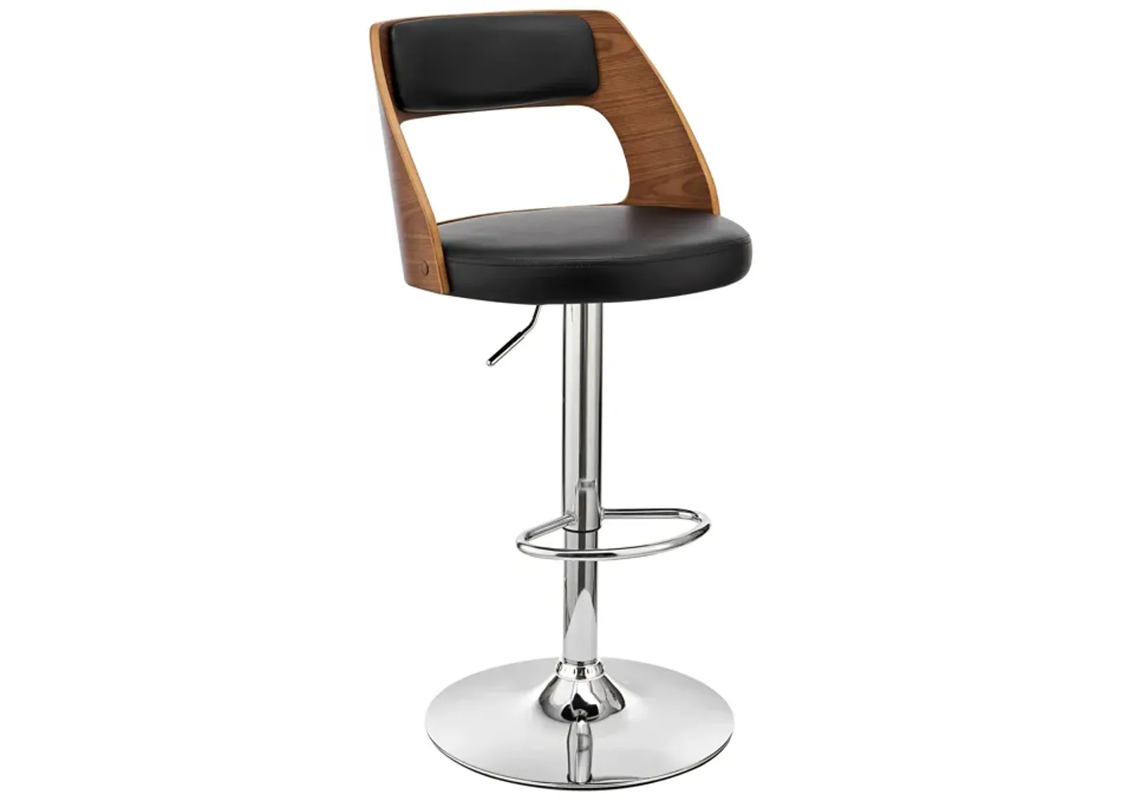 Paulo Adjustable Swivel Black Faux Leather and Walnut Wood Bar Stool with Chrome Base