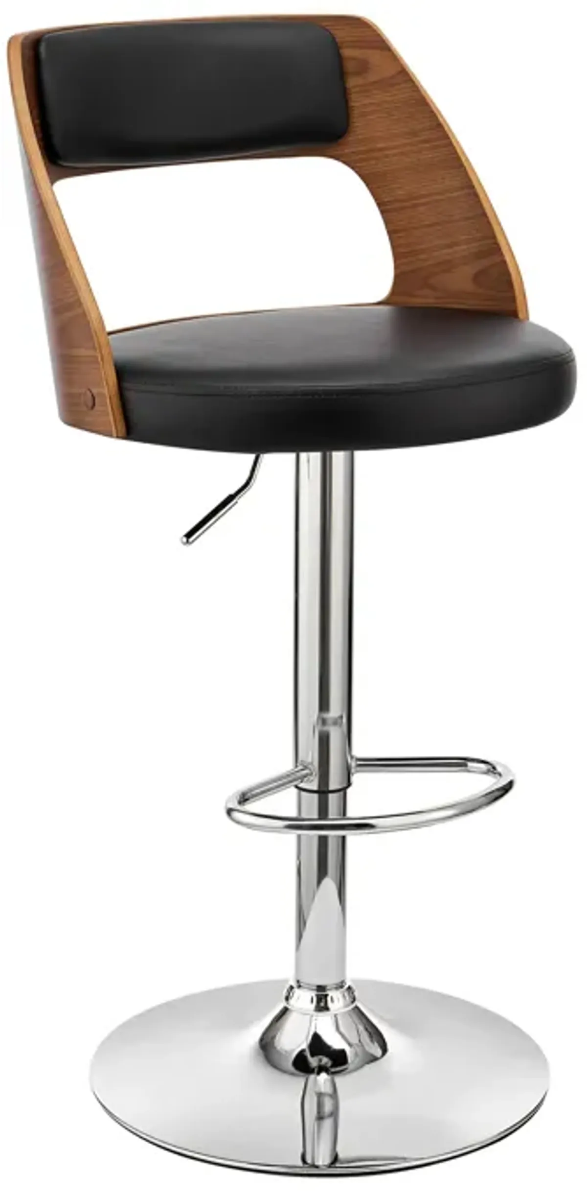 Paulo Adjustable Swivel Black Faux Leather and Walnut Wood Bar Stool with Chrome Base