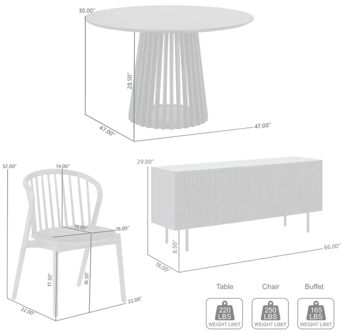 Pasadena Echo 6 Piece Round Dining Set with Buffet in Black Finish with Walnut Finish Table Top and Chairs