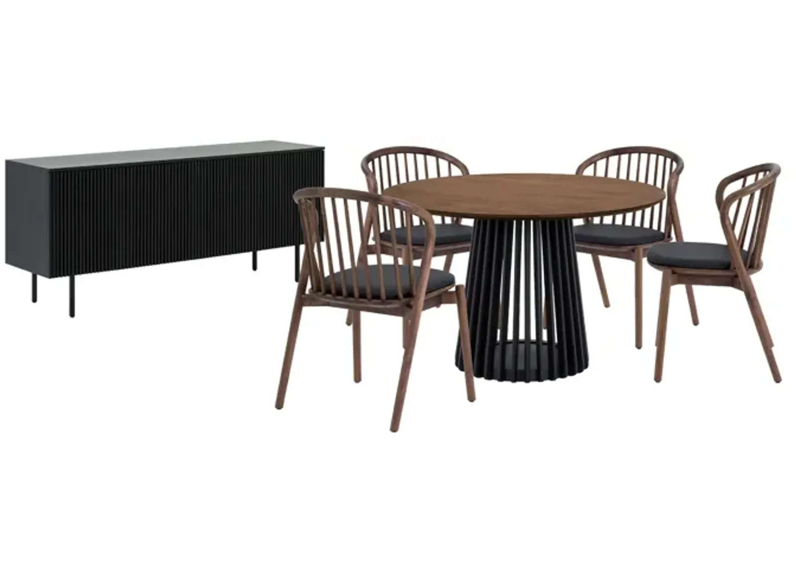 Pasadena Echo 6 Piece Round Dining Set with Buffet in Black Finish with Walnut Finish Table Top and Chairs