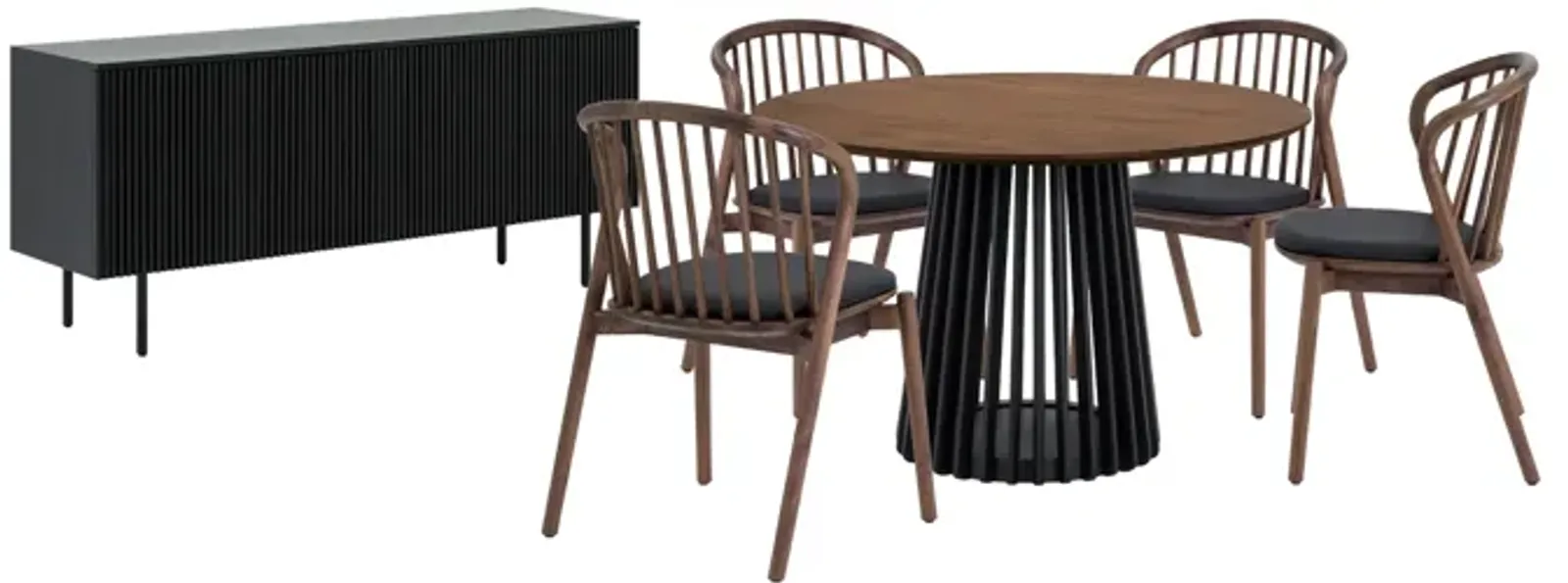 Pasadena Echo 6 Piece Round Dining Set with Buffet in Black Finish with Walnut Finish Table Top and Chairs