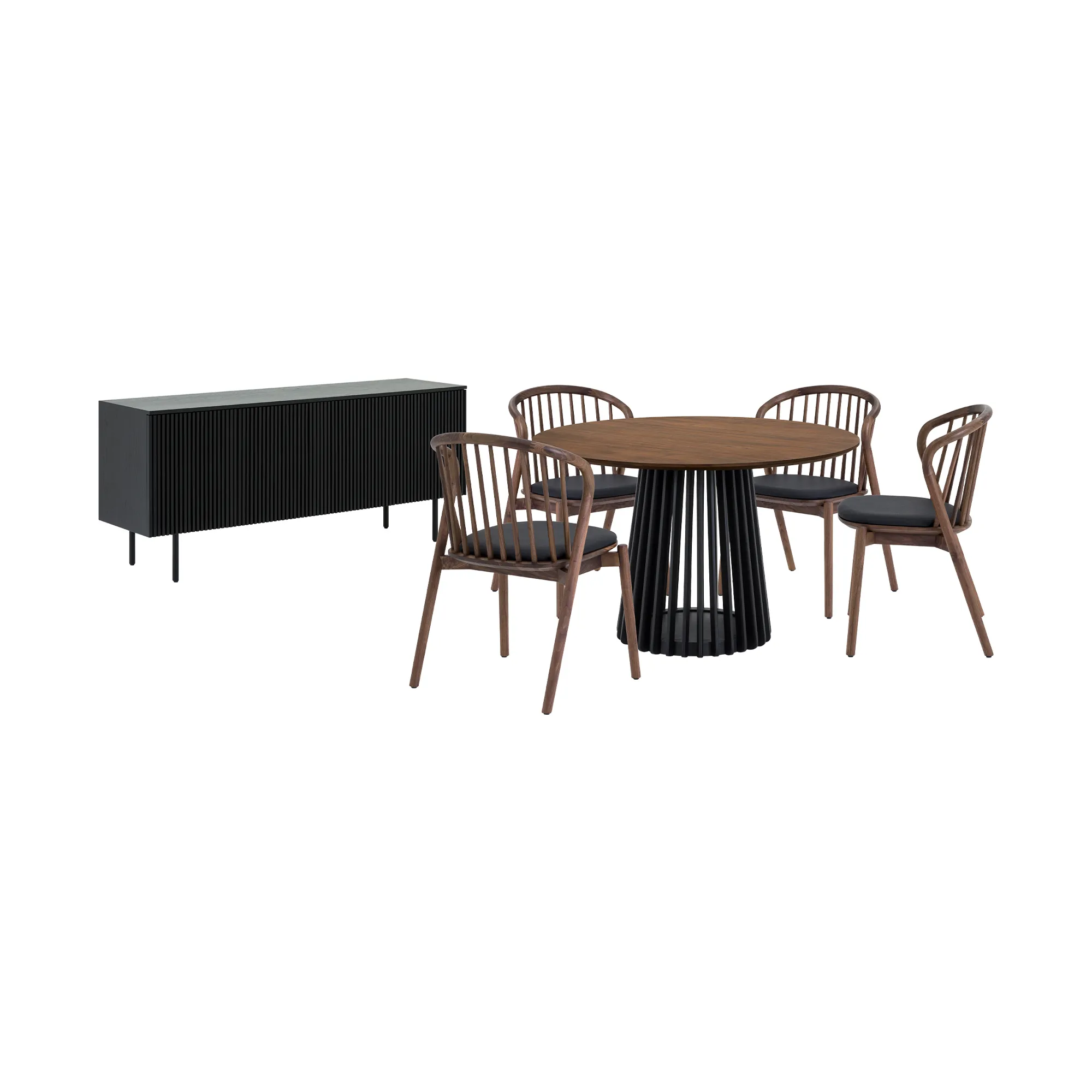 Pasadena Echo 6 Piece Round Dining Set with Buffet in Black Finish with Walnut Finish Table Top and Chairs