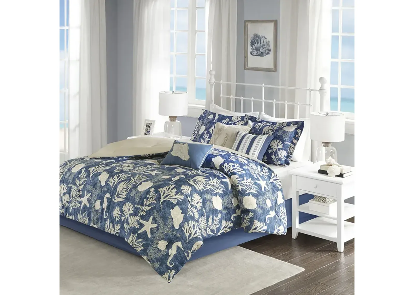 Madison Park Cape Cod Blue 7 Piece Cotton Sateen Comforter Set