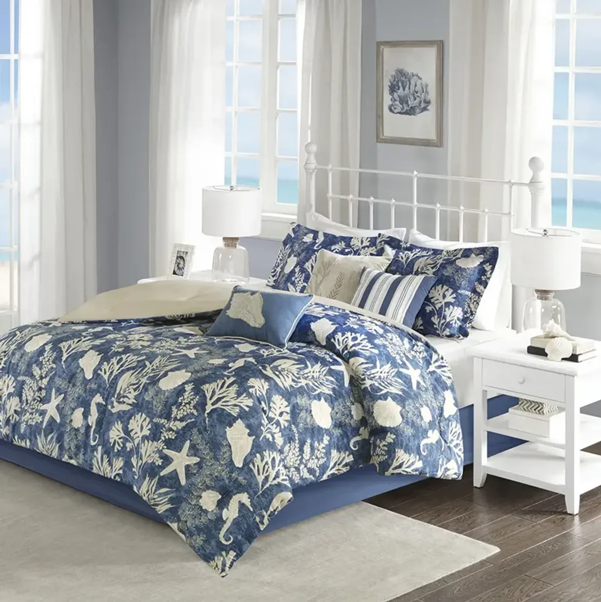 Madison Park Cape Cod Blue 7 Piece Cotton Sateen Comforter Set