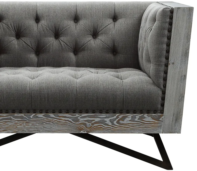 Regis Contemporary Chair in Gray Fabric with Black Metal Finish Legs and Antique Brown Nailhead Accents