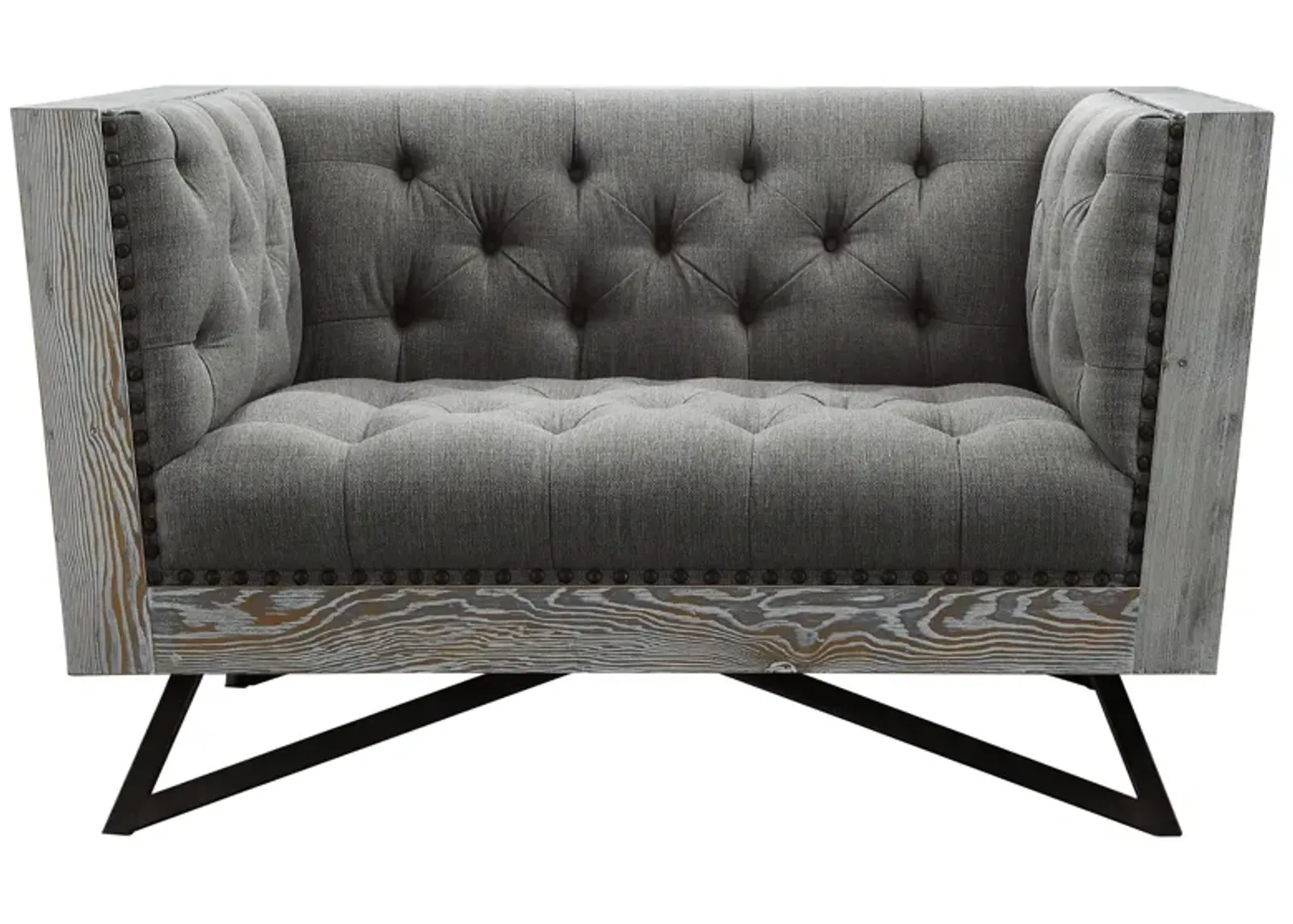 Regis Contemporary Chair in Gray Fabric with Black Metal Finish Legs and Antique Brown Nailhead Accents