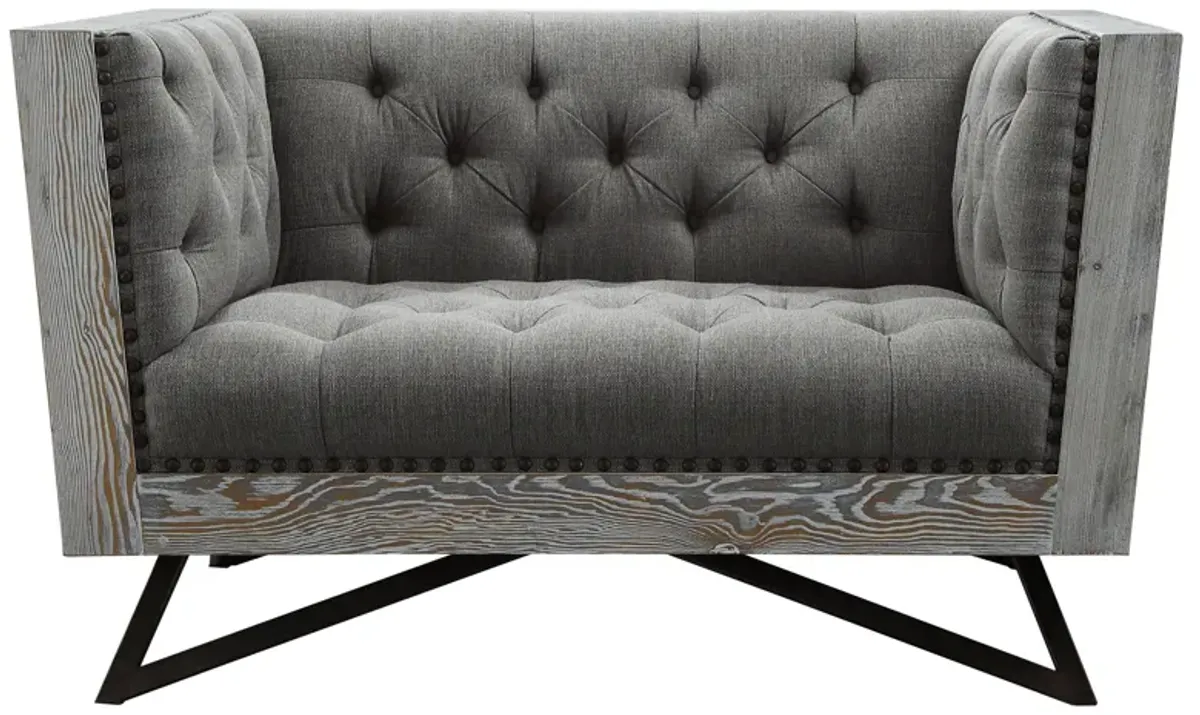 Regis Contemporary Chair in Gray Fabric with Black Metal Finish Legs and Antique Brown Nailhead Accents