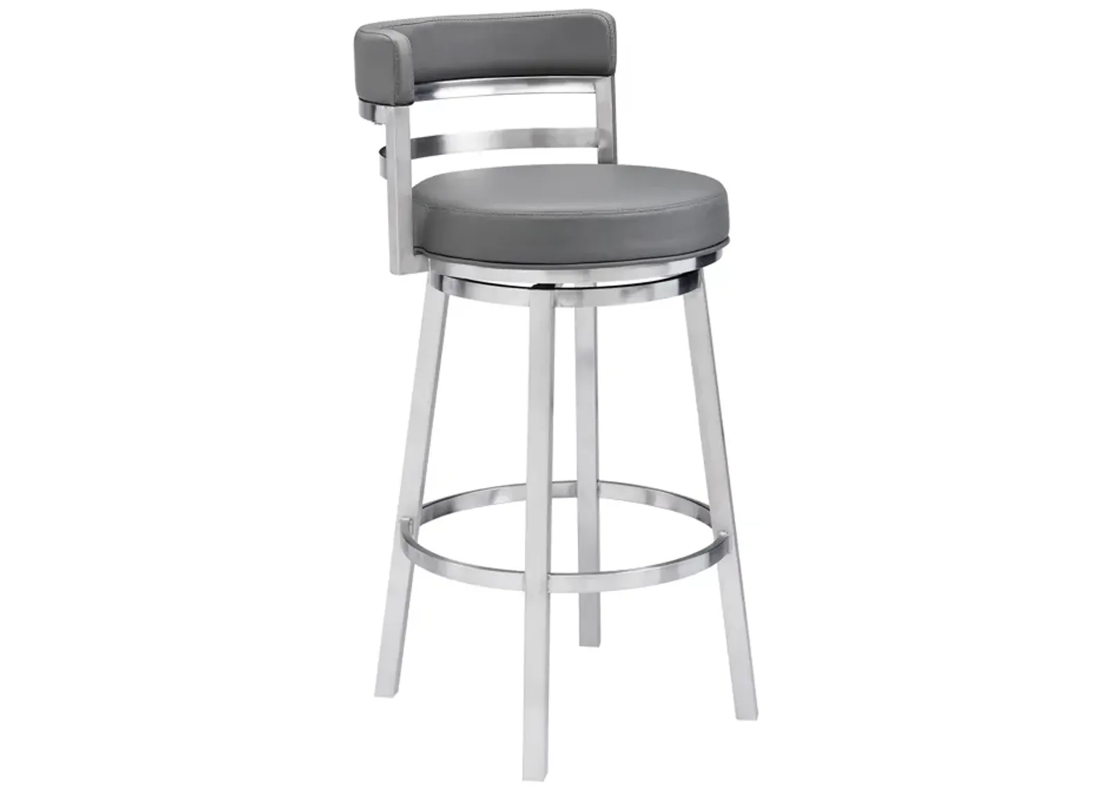 Titana 30" Bar Height Swivel Gray Faux Leather and Brushed Stainless Steel Bar Stool