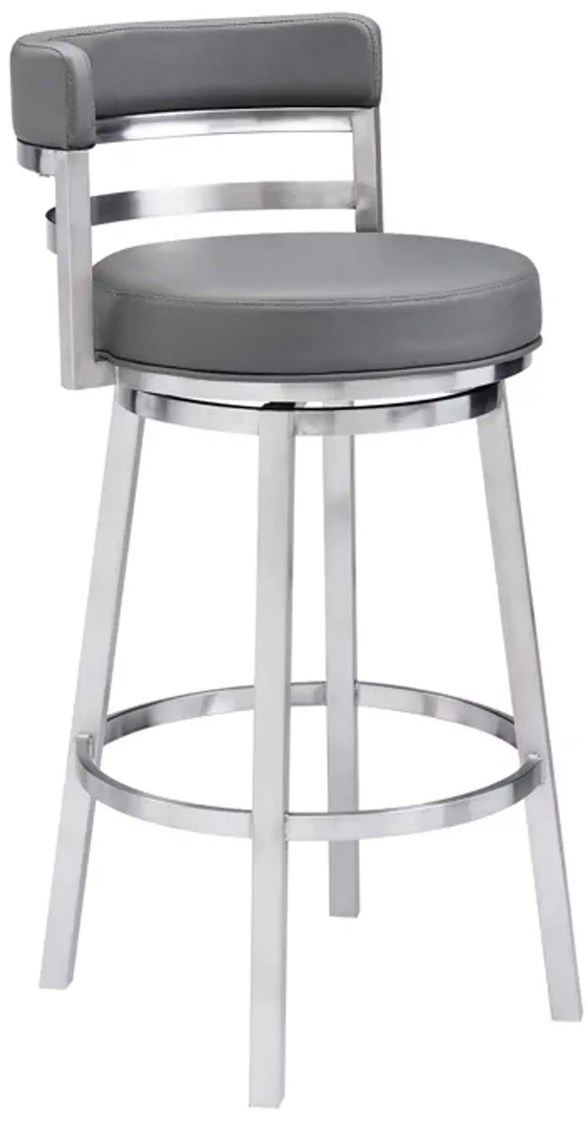 Titana 30" Bar Height Swivel Gray Faux Leather and Brushed Stainless Steel Bar Stool