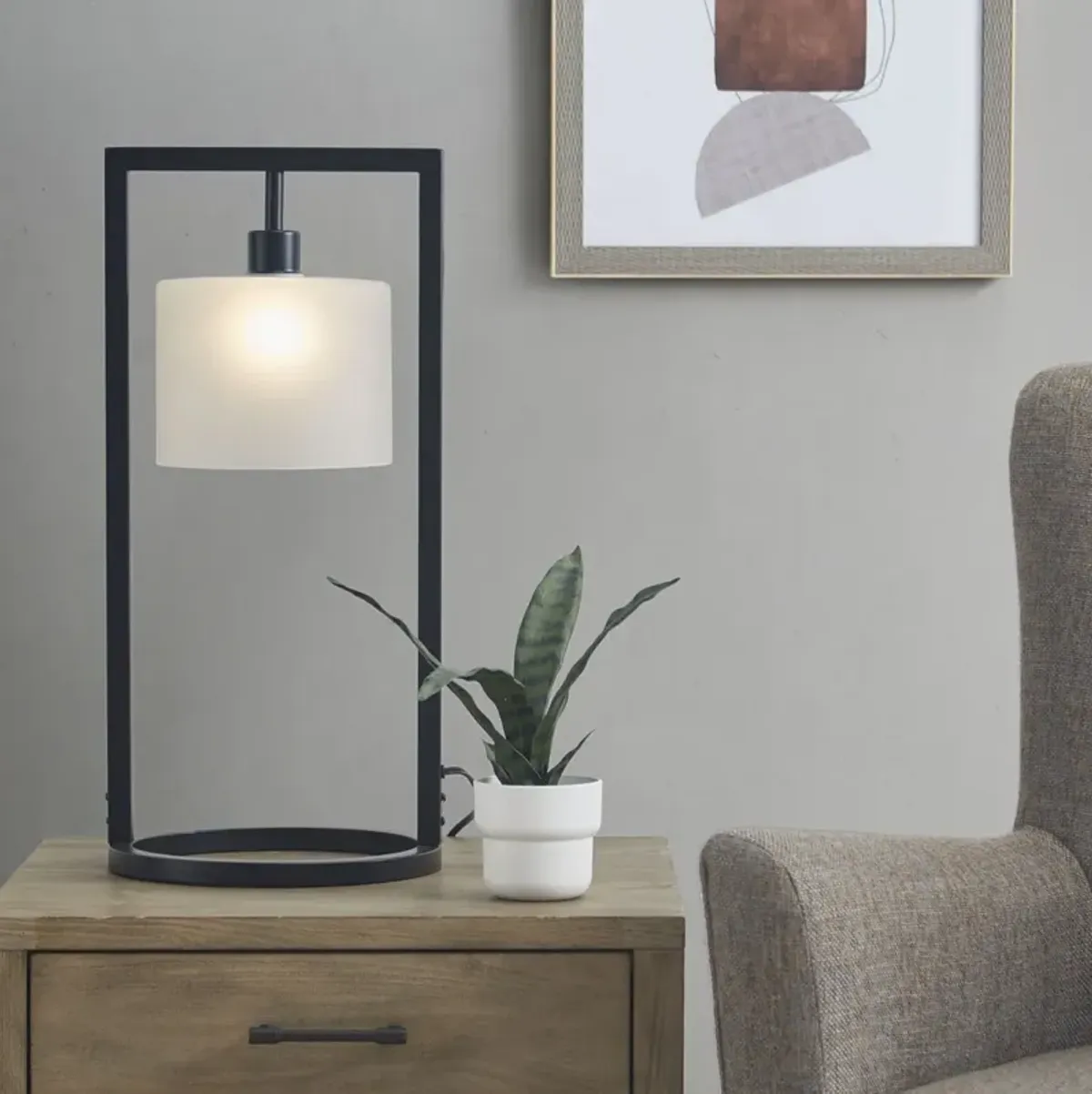 INK+IVY Kittery Black Base/Frosted Shade Metal Table Lamp with Glass Drum Shade