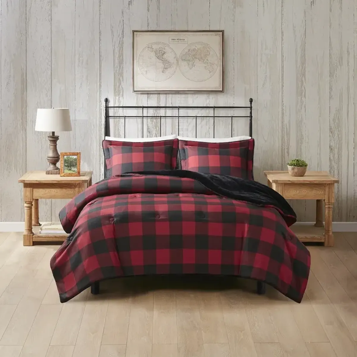 Woolrich Bernston Red Buffalo Check Faux Wool to Faux Fur Down Alternative Comforter Set