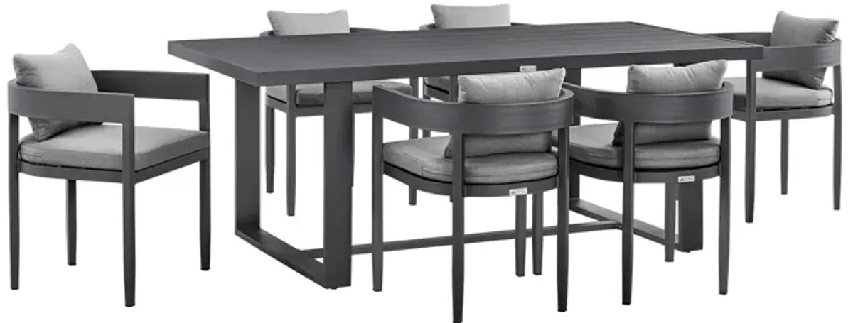 Menorca Outdoor Patio 7-Piece Dining Table Set in Aluminum with Grey Cushions