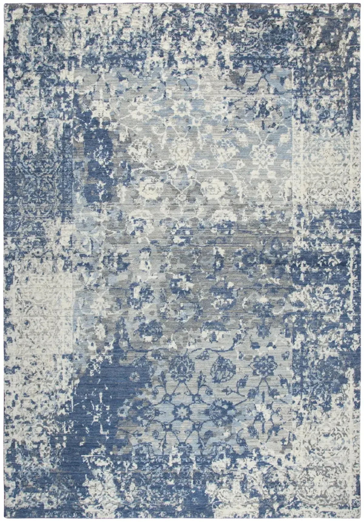 Gossamer Blue Floral Distress 100% New Zealand Wool 5' x 8' Rectangle Rug