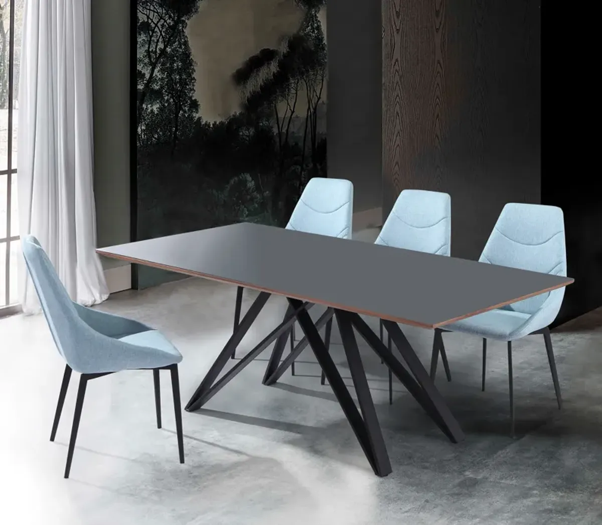 Urbino Mid-Century Dining Table in Matte Black Finish with Walnut and Dark Gray Glass Top