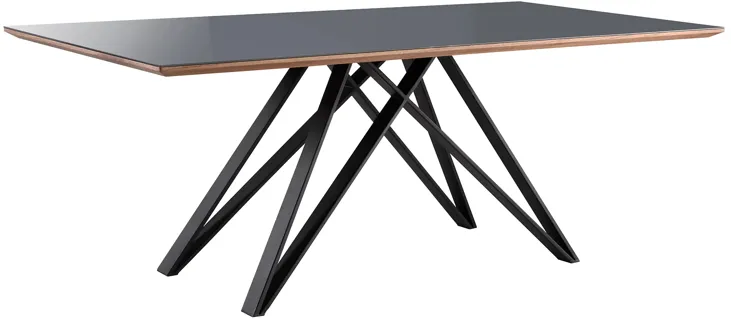 Urbino Mid-Century Dining Table in Matte Black Finish with Walnut and Dark Gray Glass Top