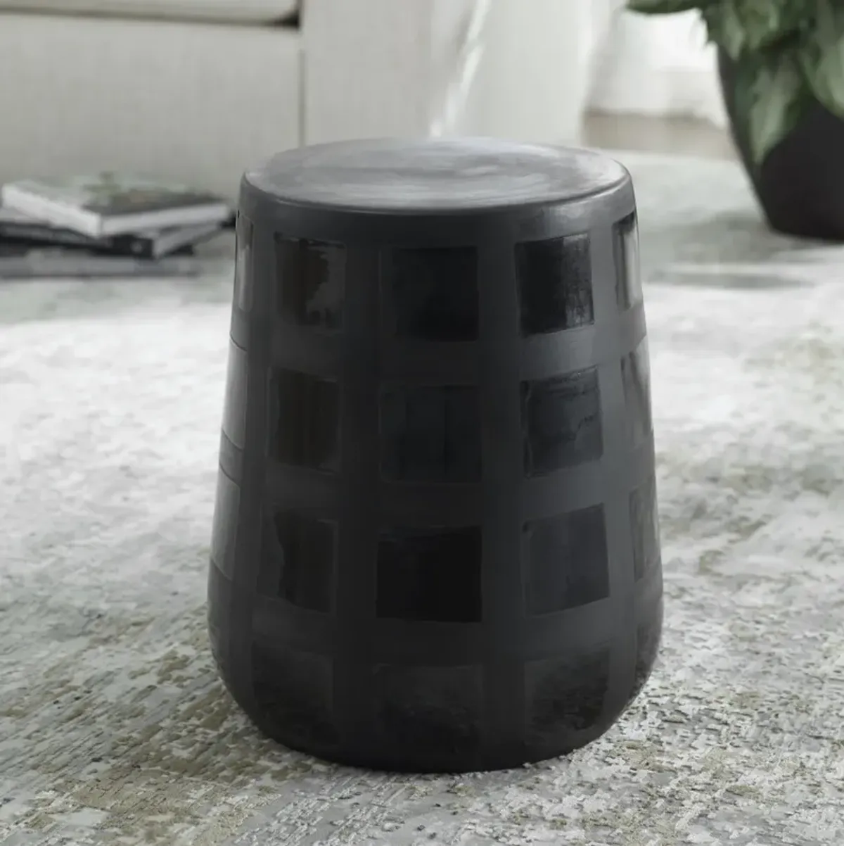 Patchwork Gridded Black Garden Stool