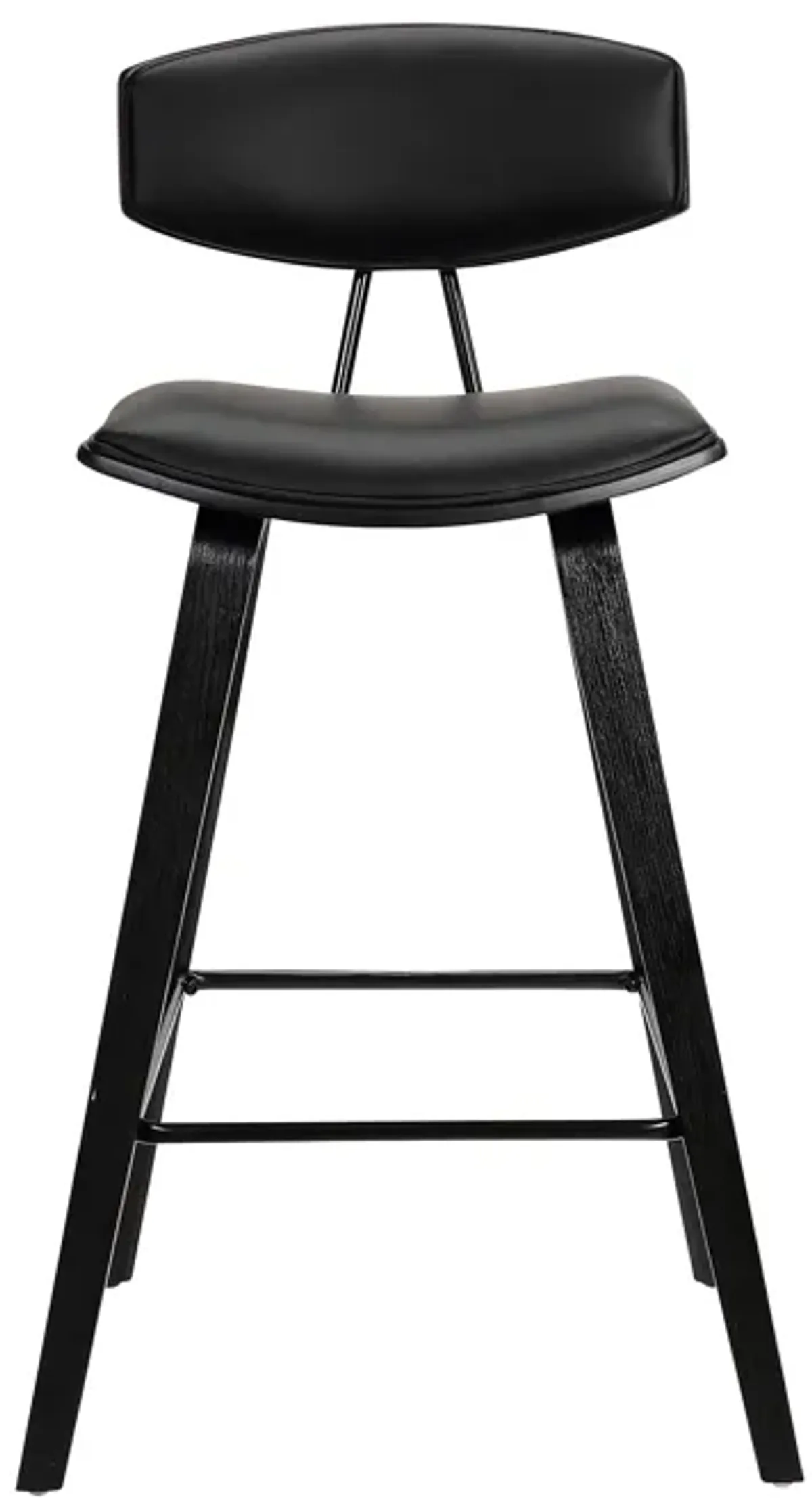 Fox 28.5" Bar Height Black Faux Leather and Black Wood Mid-Century Modern Bar Stool