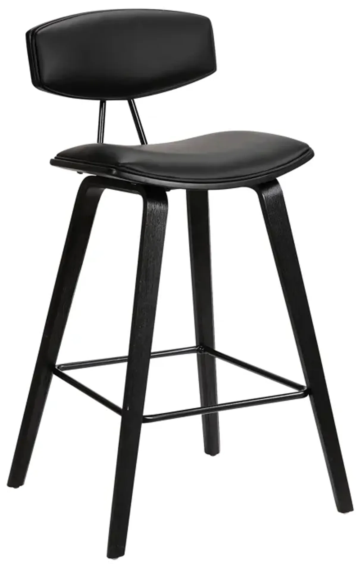 Fox 28.5" Bar Height Black Faux Leather and Black Wood Mid-Century Modern Bar Stool