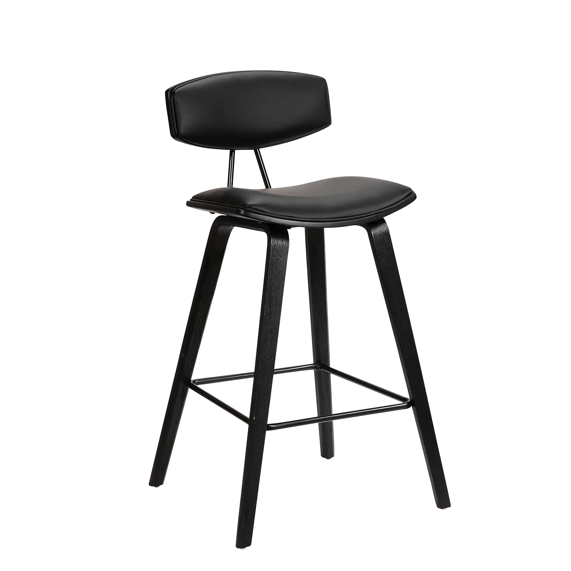 Fox 28.5" Bar Height Black Faux Leather and Black Wood Mid-Century Modern Bar Stool