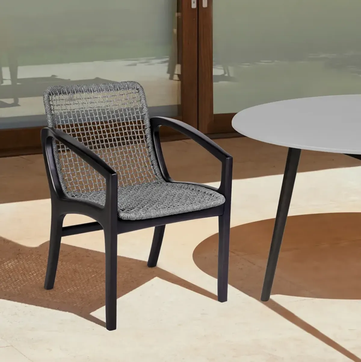 Beckham Outdoor Patio Dining Chair in Dark Eucalyptus Wood and Gray Rope